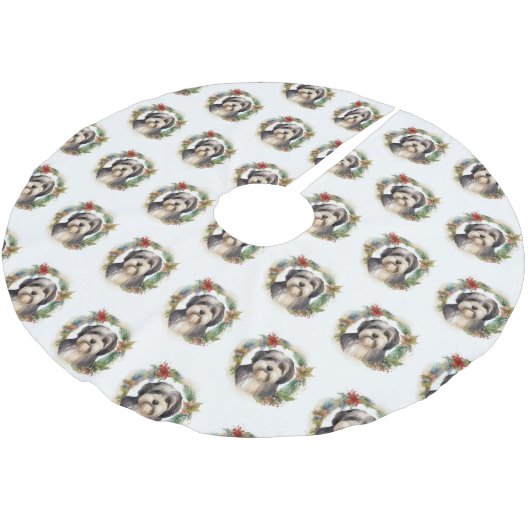 Tibetaanse Terriër Kerstkrans Feestelijke Pup Kerstboom Rok (Gekanteld)