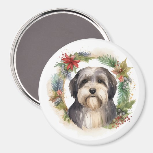 Tibetaanse Terriër Kerstkrans Feestelijke Pup Magneet (Voorkant / Achterkant)