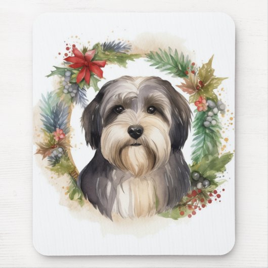 Tibetaanse Terriër Kerstkrans Feestelijke Pup Muismat (Voorkant)