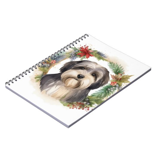 Tibetaanse Terriër Kerstkrans Feestelijke Pup Notitieboek (Linkerzijde)