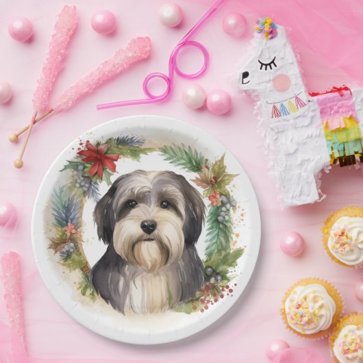 Tibetaanse Terriër Kerstkrans Feestelijke Pup Papieren Bordje (Feest)