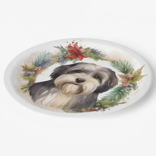 Tibetaanse Terriër Kerstkrans Feestelijke Pup Papieren Bordje (Gekanteld)
