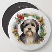 Tibetaanse Terriër Kerstkrans Feestelijke Pup Ronde Button 6,0 Cm (Voorkant /achterkant)