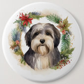 Tibetaanse Terriër Kerstkrans Feestelijke Pup Ronde Button 6,0 Cm (Voorkant)