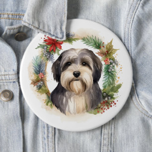 Tibetaanse Terriër Kerstkrans Feestelijke Pup Ronde Button 6,0 Cm
