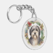 Tibetaanse Terriër Kerstkrans Feestelijke Pup Sleutelhanger (Voorkant Links)