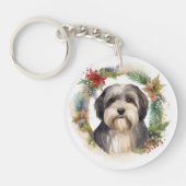 Tibetaanse Terriër Kerstkrans Feestelijke Pup Sleutelhanger (Voorkant)