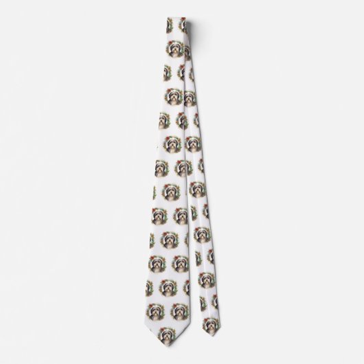 Tibetaanse Terriër Kerstkrans Feestelijke Pup Stropdas (Voorkant)