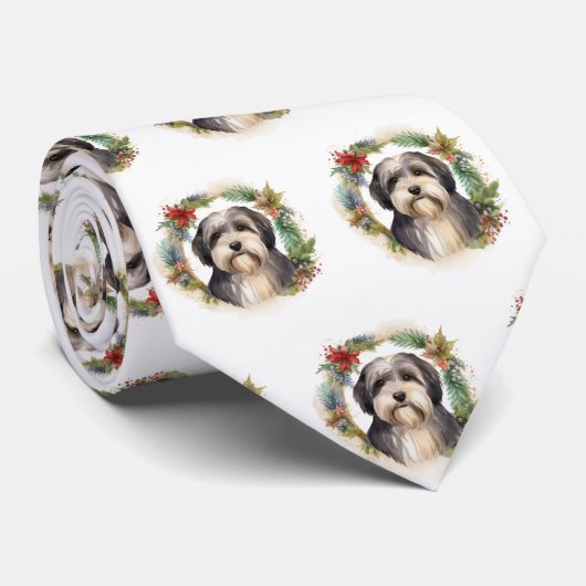 Tibetaanse Terriër Kerstkrans Feestelijke Pup Stropdas (Opgerold)