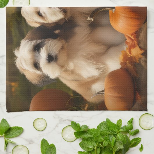 Tibetaanse Terriër Puppy Herfst Delight Pompoen Theedoek (Gevouwen)