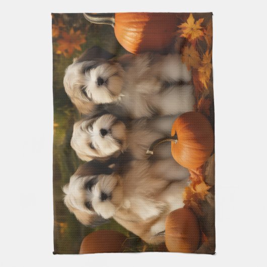 Tibetaanse Terriër Puppy Herfst Delight Pompoen Theedoek (Verticaal)