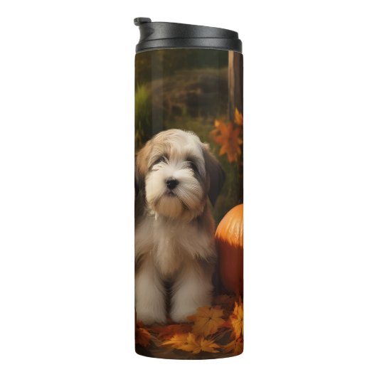 Tibetaanse Terriër Puppy Herfst Delight Pompoen Thermosbeker (Geroteerd rechts)