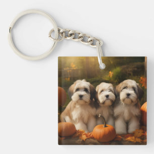 Tibetaanse Terrier Puppy Herfst Plezier Pompoen Sleutelhanger
