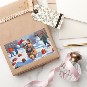 Tibetaanse Terrier rent in de sneeuw met kerstmuts Rechthoekige Sticker