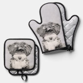 Tibetaanse terriër schildert zwarte en witte honde ovenwant & pannenlap set (Voorkant / Achterkant)