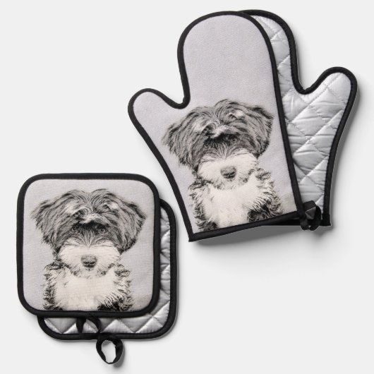 Tibetaanse terriër schildert zwarte en witte honde ovenwant & pannenlap set (Voorkant / Achterkant)