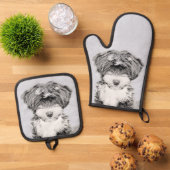 Tibetaanse terriër schildert zwarte en witte honde ovenwant & pannenlap set (Top down)