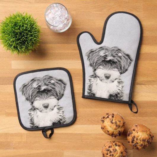 Tibetaanse terriër schildert zwarte en witte honde ovenwant & pannenlap set