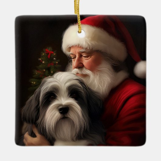 Tibetaanse Terriër Sinterklaas Feestelijke Kerstmi Keramisch Ornament (Voorkant)