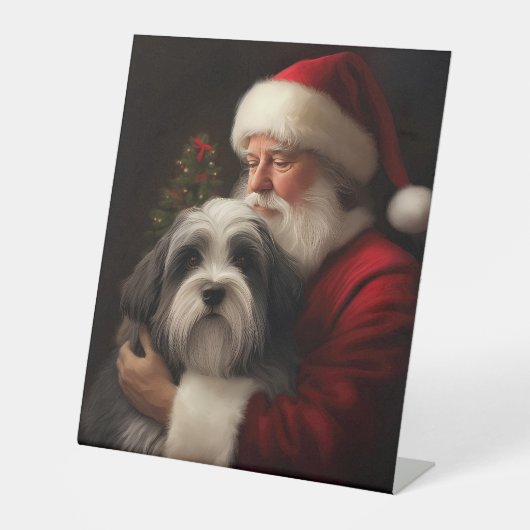 Tibetaanse Terriër Sinterklaas Feestelijke Kerstmi Reclamebord Met Voetstuk (Voorkant)