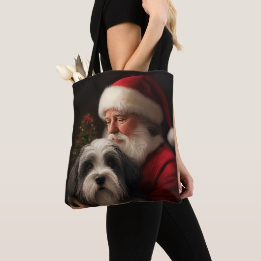 Tibetaanse Terriër Sinterklaas Feestelijke Kerstmi Tote Bag (Dichtbij)