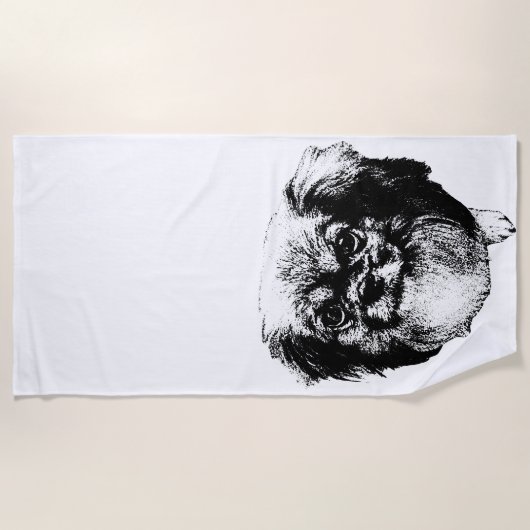 Tibetan Spaniel Beach Towel – Ink Line Art Strandlaken (Voorkant)