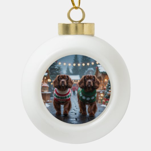 Tibetan Spaniel Dogs Christmas Snow Holiday Keramische Bal Ornament (Voorkant)