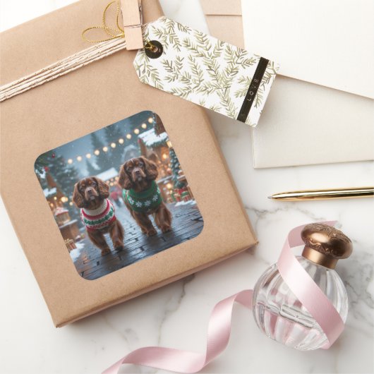 Tibetan Spaniel Dogs Christmas Snow Holiday Vierkante Sticker (Geschenken)