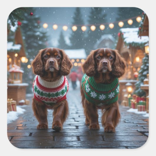 Tibetan Spaniel Dogs Christmas Snow Holiday Vierkante Sticker (Voorkant)