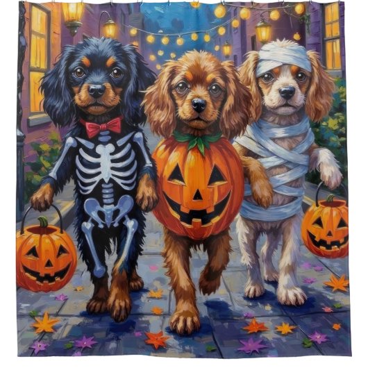 Tibetan Spaniel Dogs In Halloween Costumes Douchegordijn (Voorkant)