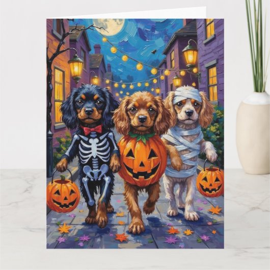 Tibetan Spaniel Dogs In Halloween Costumes Kaart (Voorkant)