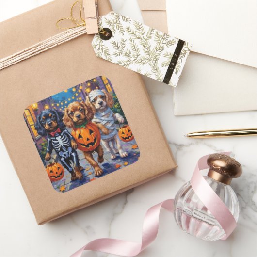 Tibetan Spaniel Dogs In Halloween Costumes Vierkante Sticker (Geschenken)