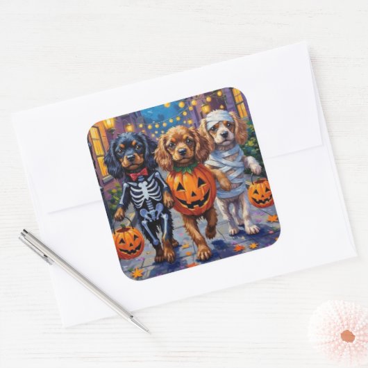 Tibetan Spaniel Dogs In Halloween Costumes Vierkante Sticker (Envelop)
