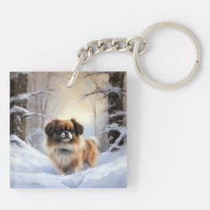Tibetan Spaniel Laat het Sneeuwen Kerstmis Sleutelhanger
