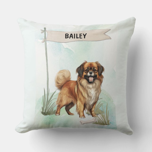 Tibetan Spaniel Watercolor Personalized Dog Kussen (Voorkant)