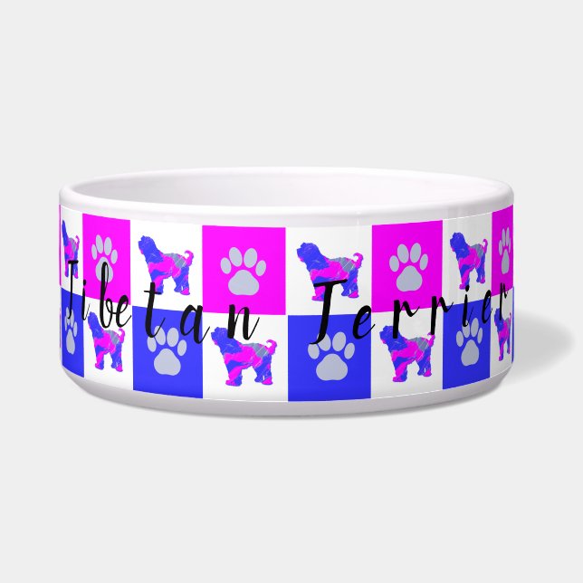 Tibetan Terrier Dog & Paw Hot Pink & Blue Pet Bowl Voerbakje (Voorkant)