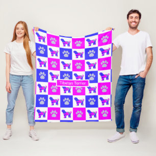 Tibetan Terrier Dog & Paw Print Hot Pink en Blue Fleece Deken