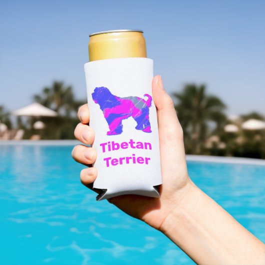 Tibetan Terrier Dog Silhouette Hot Pink & Blue Seltzer Blikjeskoeler (Insitu Zwembad)