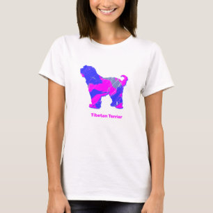 Tibetan Terrier Dog Silhouette Hot Pink en Blue T-shirt
