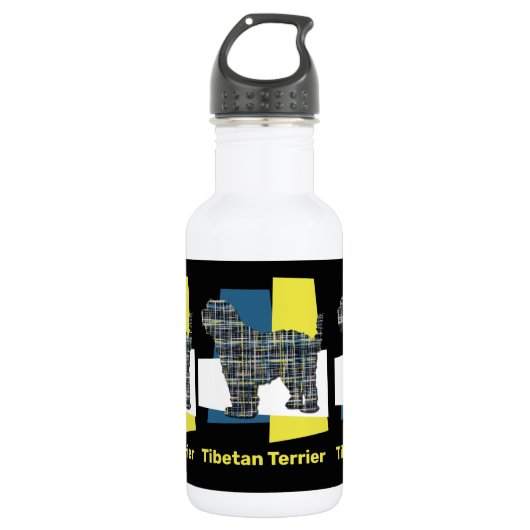 Tibetan Terrier Dog Yellow & Blue Triangle Grid Waterfles (Voorkant)