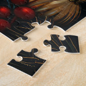 Tibetan Terrier-hond met kerstcadeaus bij de open Legpuzzel (Zijkant)