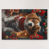 Tibetan Terrier-hond met kerstcadeaus bij de open Legpuzzel (Horizontaal)
