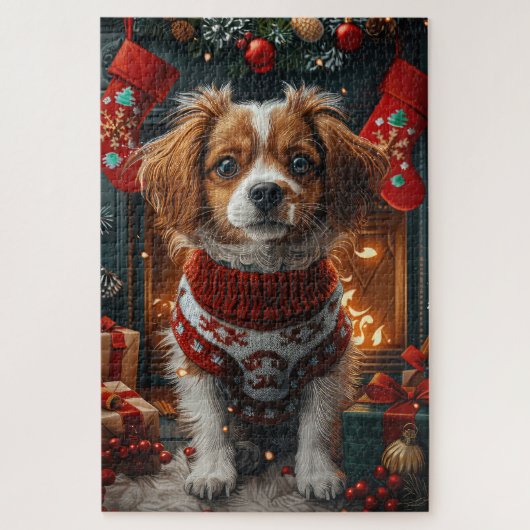 Tibetan Terrier-hond met kerstcadeaus bij de open Legpuzzel (Verticaal)