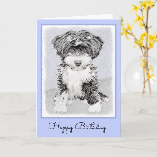 Tibetan Terrier Painting - Cute Original Dog Art Kaart (Gele Bloem)