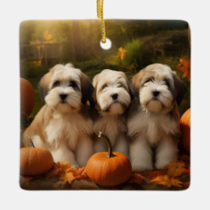 Tibetan Terrier Puppy Herfst Plezier Pompoen Keramisch Ornament