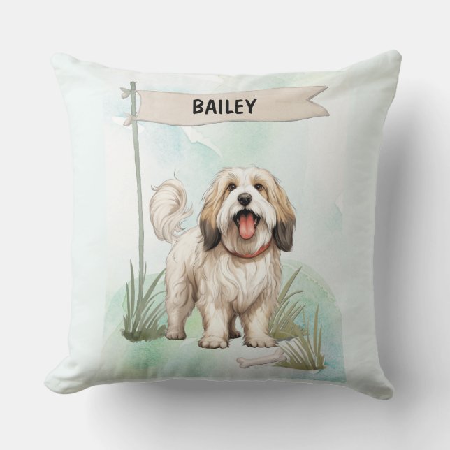 Tibetan Terrier Watercolor Personalized Dog Kussen (Voorkant)