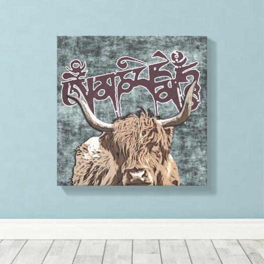 Tibetan Yak met Mani Mantra ( OM MANI PADME HUM ) Canvas Afdruk (Insitu (Houten vloer))