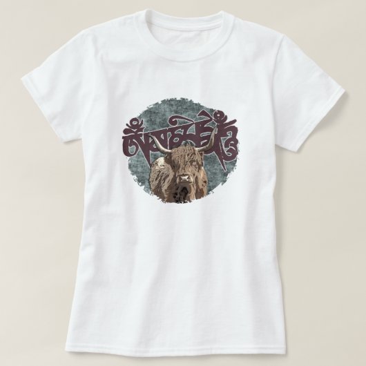 Tibetan Yak met Mani Mantra (OM MANI PADME HUM) T-shirt (Design voorkant)