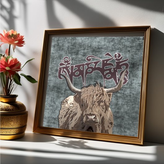 Tibetan Yak with Mani Mantra ( OM MANI PADME HUM ) Poster