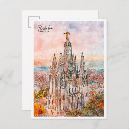 Tibidabo Barcelona vintage reis waterverf Briefkaart (Voorkant / Achterkant)